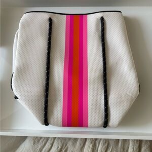 HAUTE SHORE White Tote with Pink and Orange Stripes